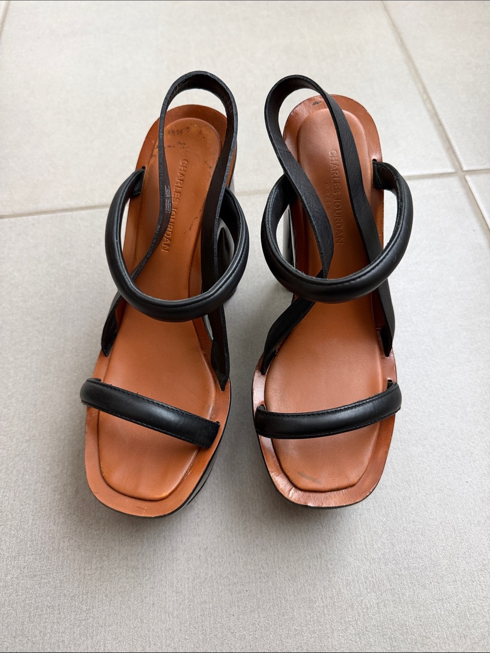 Charles Jourdan Black and Brown Leather Strappy Slingback Sandals